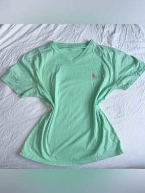 Polo Ralph Lauren Mint Green 100% Cotton Classic Size Small V-Neck Jersey TShirt